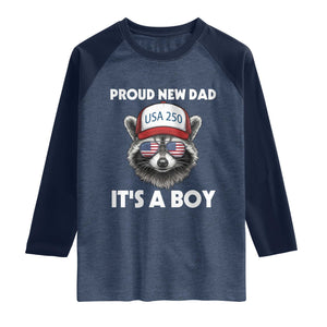 Proud New Dad It's A Boy Raglan Shirt USA 250th Anniversary Raccoon Dad TS14 Heather Denim Navy Print Your Wear
