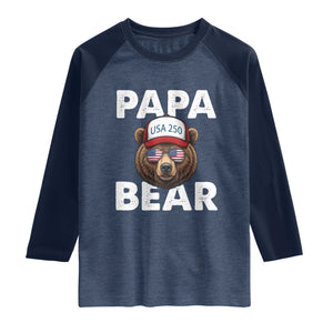 Papa Bear Father's Day Raglan Shirt USA 250th Anniversary American Flag July 4th TS14 Heather Denim Navy Print Your Wear