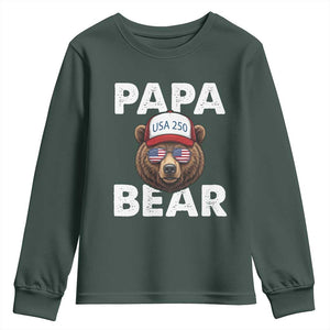 Papa Bear Father's Day Youth Sweatshirt USA 250th Anniversary American Flag July 4th TS14 Dark Forest Green Print Your Wear
