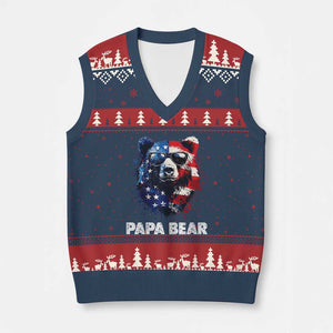 Papa Bear Father's Day V-Neck Knit Sweater Vest Patriotic American Flag 4th Of July