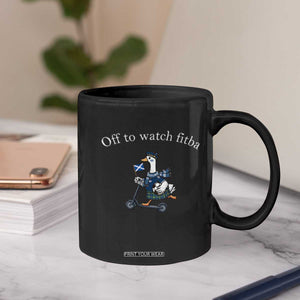Off To Watch Fitba Coffee Mug Funny Scottish Goose Riding Scooter Football Fan