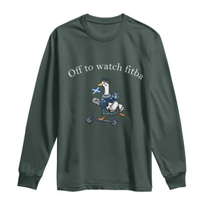 Off To Watch Fitba Long Sleeve Shirt Funny Scottish Goose Riding Scooter Football Fan