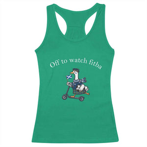 Off To Watch Fitba Racerback Tank Top Funny Scottish Goose Riding Scooter Football Fan