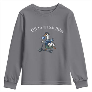Off To Watch Fitba Youth Sweatshirt Funny Scottish Goose Riding Scooter Football Fan