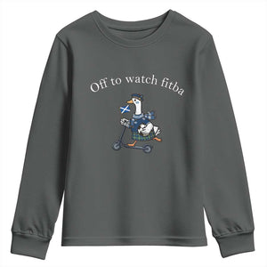 Off To Watch Fitba Youth Sweatshirt Funny Scottish Goose Riding Scooter Football Fan