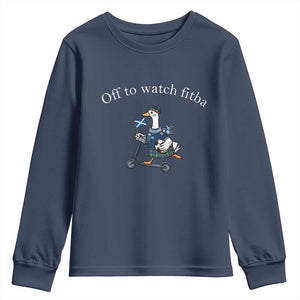 Off To Watch Fitba Youth Sweatshirt Funny Scottish Goose Riding Scooter Football Fan
