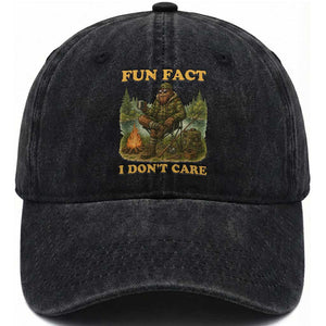 Funny Bigfoot Sarcastic Washed Cotton Baseball Cap Fun Fact I Don Not Care Sasquatch Camping TS14 Washed Cap Universal Fit Black Print Your Wear