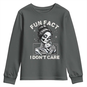 Funny Skeleton Sarcastic Youth Sweatshirt Fun Fact I Don Not Care Cat Lover TS14 Dark Heather Print Your Wear