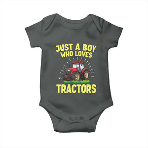 Funny Farming Tractor Baby Onesie Just A Boy Who Loves Tractors TS14 Dark Heather Print Your Wear