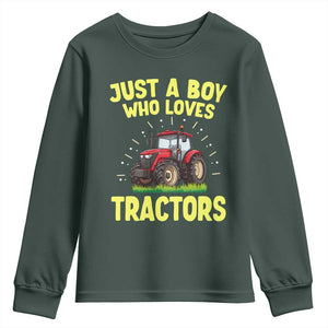 Funny Farming Tractor Youth Sweatshirt Just A Boy Who Loves Tractors TS14 Dark Forest Green Print Your Wear