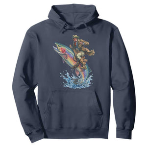 Vintage Cowboy Riding Rainbow Trout Hoodie Funny Fishing Western Rodeo TS14 Navy Print Your Wear