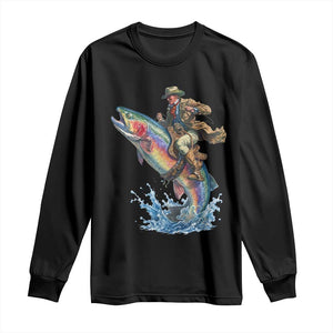 Vintage Cowboy Riding Rainbow Trout Long Sleeve Shirt Funny Fishing Western Rodeo TS14 Black Print Your Wear