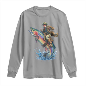 Vintage Cowboy Riding Rainbow Trout Long Sleeve Shirt Funny Fishing Western Rodeo TS14 Sport Gray Print Your Wear