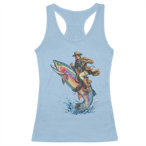 Vintage Cowboy Riding Rainbow Trout Racerback Tank Top Funny Fishing Western Rodeo TS14 Light Blue Print Your Wear
