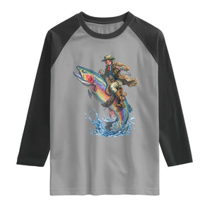 Vintage Cowboy Riding Rainbow Trout Raglan Shirt Funny Fishing Western Rodeo TS14 Sport Gray Black Print Your Wear