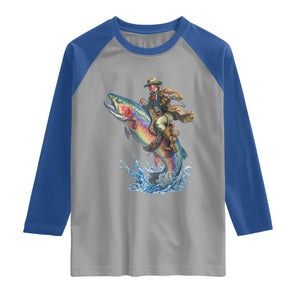 Vintage Cowboy Riding Rainbow Trout Raglan Shirt Funny Fishing Western Rodeo TS14 Sport Gray Royal Print Your Wear
