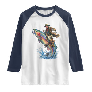 Vintage Cowboy Riding Rainbow Trout Raglan Shirt Funny Fishing Western Rodeo TS14 White Navy Print Your Wear