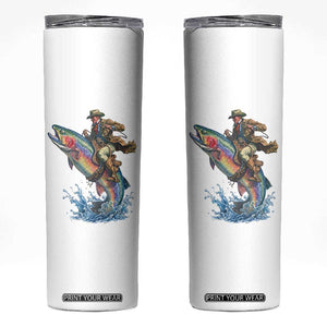 Vintage Cowboy Riding Rainbow Trout Skinny Tumbler Funny Fishing Western Rodeo TS14 White Print Your Wear