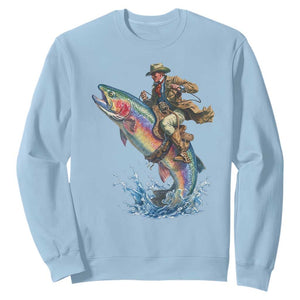 Vintage Cowboy Riding Rainbow Trout Sweatshirt Funny Fishing Western Rodeo TS14 Light Blue Print Your Wear