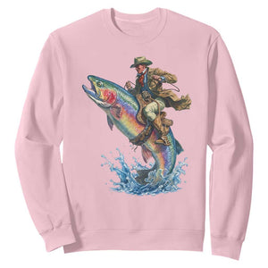 Vintage Cowboy Riding Rainbow Trout Sweatshirt Funny Fishing Western Rodeo TS14 Light Pink Print Your Wear