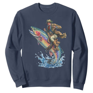 Vintage Cowboy Riding Rainbow Trout Sweatshirt Funny Fishing Western Rodeo TS14 Navy Print Your Wear