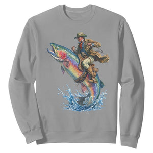 Vintage Cowboy Riding Rainbow Trout Sweatshirt Funny Fishing Western Rodeo TS14 Sport Gray Print Your Wear