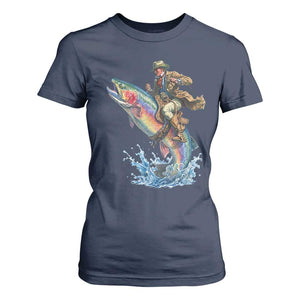 Vintage Cowboy Riding Rainbow Trout T Shirt For Women Funny Fishing Western Rodeo TS14 Navy Print Your Wear