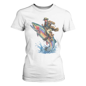 Vintage Cowboy Riding Rainbow Trout T Shirt For Women Funny Fishing Western Rodeo TS14 White Print Your Wear