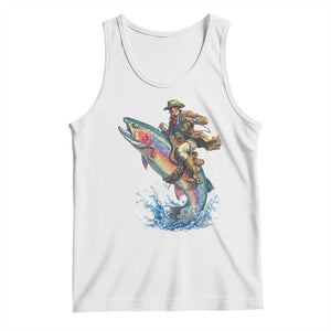 Vintage Cowboy Riding Rainbow Trout Tank Top Funny Fishing Western Rodeo TS14 White Print Your Wear