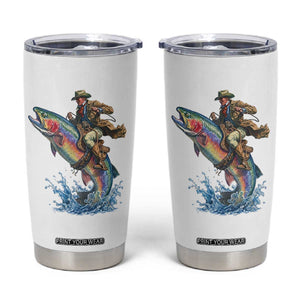 Vintage Cowboy Riding Rainbow Trout Tumbler Cup Funny Fishing Western Rodeo TS14 White Print Your Wear