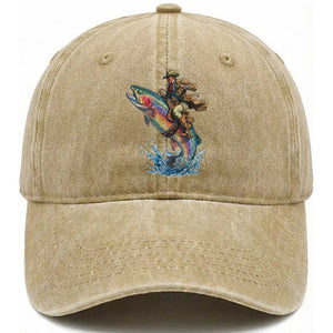 Vintage Cowboy Riding Rainbow Trout Washed Cotton Baseball Cap Funny Fishing Western Rodeo TS14 Print Your Wear