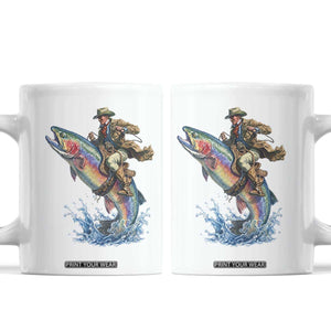 Vintage Cowboy Riding Rainbow Trout Coffee Mug Funny Fishing Western Rodeo TS14 White Print Your Wear