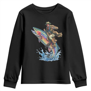 Vintage Cowboy Riding Rainbow Trout Youth Sweatshirt Funny Fishing Western Rodeo TS14 Black Print Your Wear