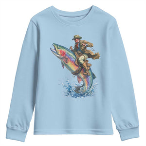 Vintage Cowboy Riding Rainbow Trout Youth Sweatshirt Funny Fishing Western Rodeo TS14 Light Blue Print Your Wear