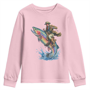 Vintage Cowboy Riding Rainbow Trout Youth Sweatshirt Funny Fishing Western Rodeo TS14 Light Pink Print Your Wear