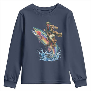 Vintage Cowboy Riding Rainbow Trout Youth Sweatshirt Funny Fishing Western Rodeo TS14 Navy Print Your Wear