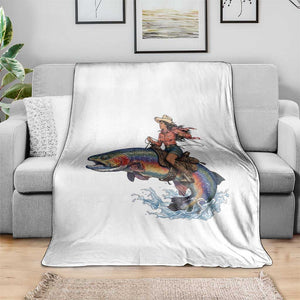 Vintage Cowgirl Riding Rainbow Trout Throw Blanket Funny Fishing Western Rodeo TS14 Print Your Wear