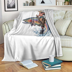 Vintage Cowgirl Riding Rainbow Trout Throw Blanket Funny Fishing Western Rodeo TS14 Print Your Wear