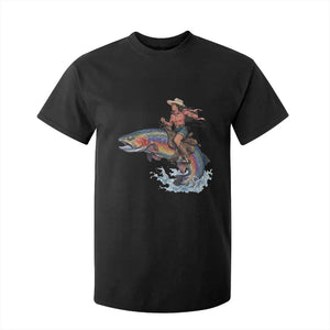 Vintage Cowgirl Riding Rainbow Trout T Shirt For Kid Funny Fishing Western Rodeo TS14 Black Print Your Wear