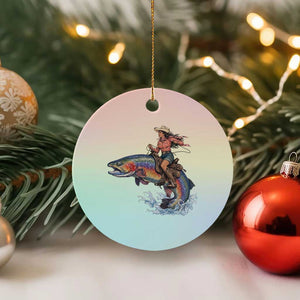 Vintage Cowgirl Riding Rainbow Trout Ceramic Ornament Funny Fishing Western Rodeo TS14 1pc Pastel Print Your Wear