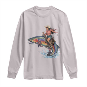 Vintage Cowgirl Riding Rainbow Trout Long Sleeve Shirt Funny Fishing Western Rodeo TS14 Ice Gray Print Your Wear