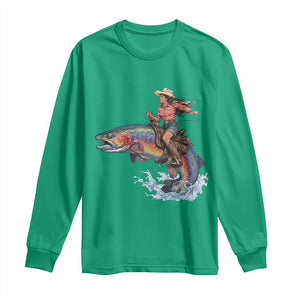 Vintage Cowgirl Riding Rainbow Trout Long Sleeve Shirt Funny Fishing Western Rodeo TS14 Irish Green Print Your Wear