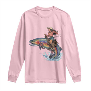 Vintage Cowgirl Riding Rainbow Trout Long Sleeve Shirt Funny Fishing Western Rodeo TS14 Light Pink Print Your Wear