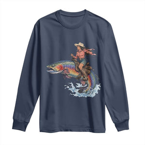 Vintage Cowgirl Riding Rainbow Trout Long Sleeve Shirt Funny Fishing Western Rodeo TS14 Navy Print Your Wear