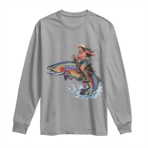 Vintage Cowgirl Riding Rainbow Trout Long Sleeve Shirt Funny Fishing Western Rodeo TS14 Sport Gray Print Your Wear