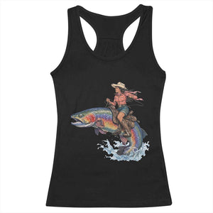 Vintage Cowgirl Riding Rainbow Trout Racerback Tank Top Funny Fishing Western Rodeo TS14 Black Print Your Wear