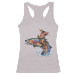 Vintage Cowgirl Riding Rainbow Trout Racerback Tank Top Funny Fishing Western Rodeo TS14 Ice Gray Print Your Wear