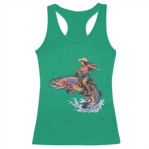 Vintage Cowgirl Riding Rainbow Trout Racerback Tank Top Funny Fishing Western Rodeo TS14 Irish Green Print Your Wear