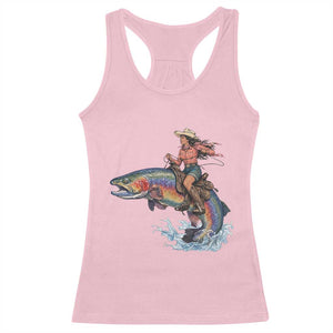 Vintage Cowgirl Riding Rainbow Trout Racerback Tank Top Funny Fishing Western Rodeo TS14 Light Pink Print Your Wear