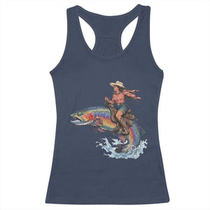 Vintage Cowgirl Riding Rainbow Trout Racerback Tank Top Funny Fishing Western Rodeo TS14 Navy Print Your Wear